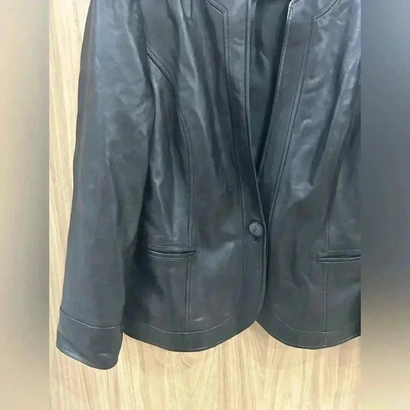Talbots women's button 100% leather jacket blazer black butter soft Medium 10 - Picture 2 of 9